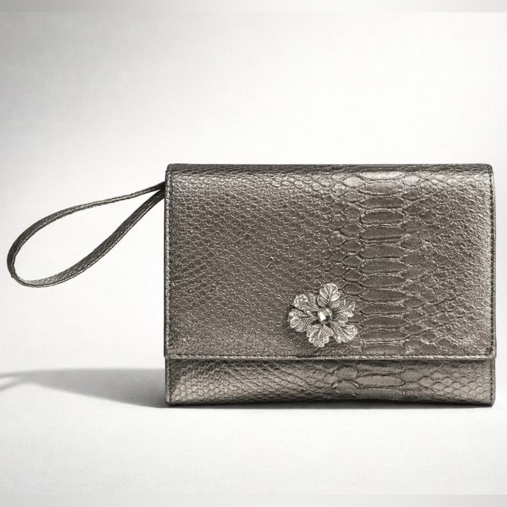 Neiman Marcus Silver Snake-embossed Wristlet, rhinestone & faux pearl accent